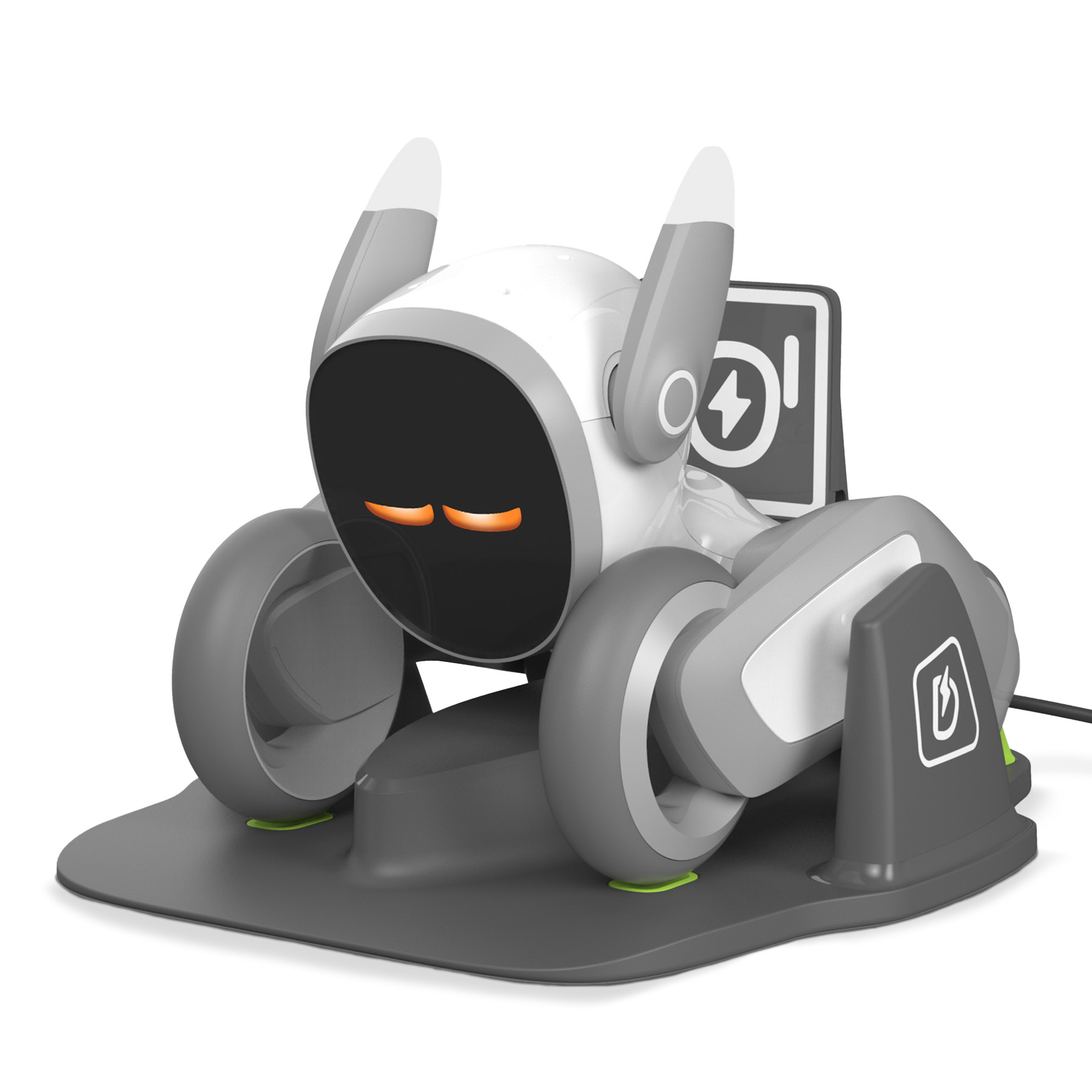 Ein weiß-graues Roboter-Spielzeug auf einer Ladestation. Mit Bildschirm und Ladesymbol.