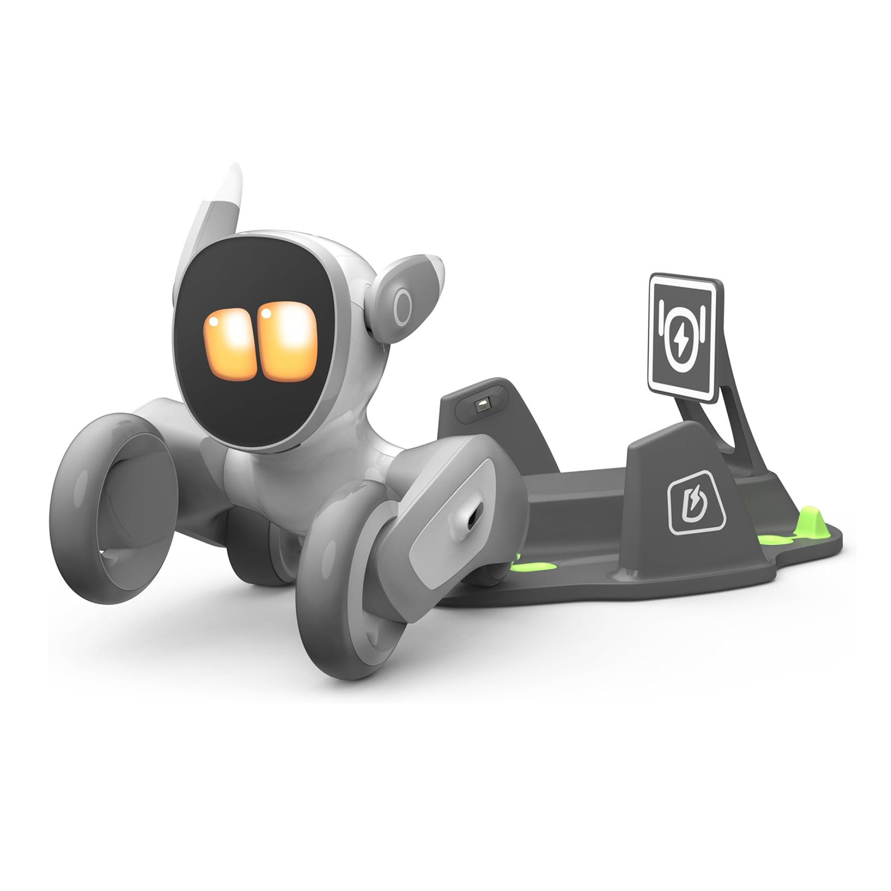 Graues und weißes Roboterspielzeug mit Ladestation, auf weißem Hintergrund.