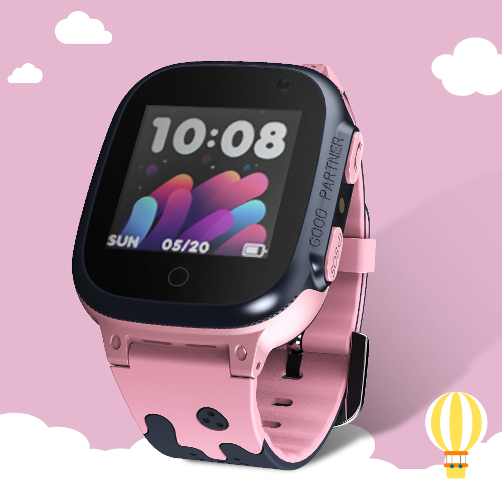 Rosa Smartwatch mit schwarzem Bildschirm, zeigt Uhrzeit und Datum.