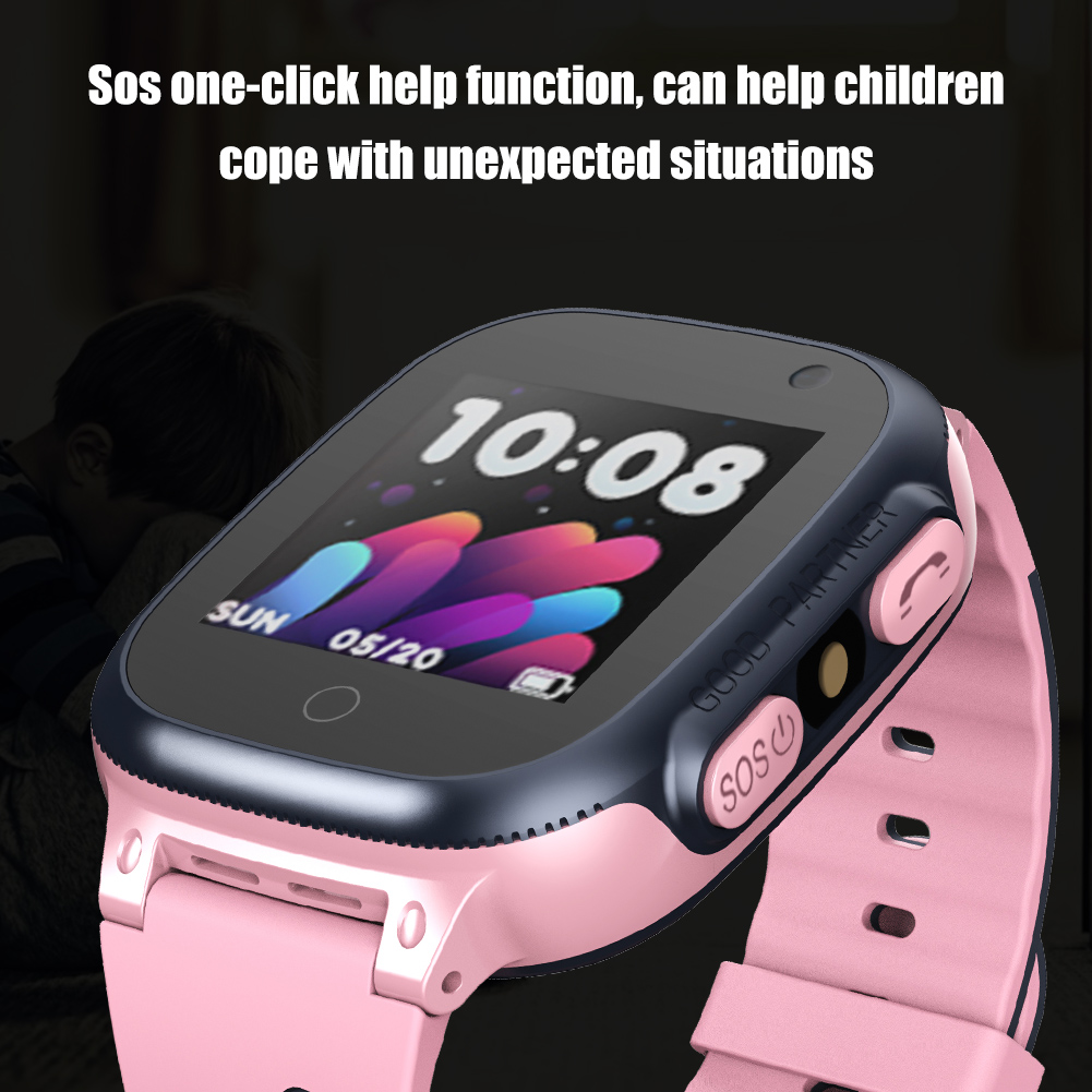 Eine rosa-schwarze Smartwatch, die 10:08 auf ihrem Bildschirm anzeigt, mit rosa Armband und SOS-Taste.