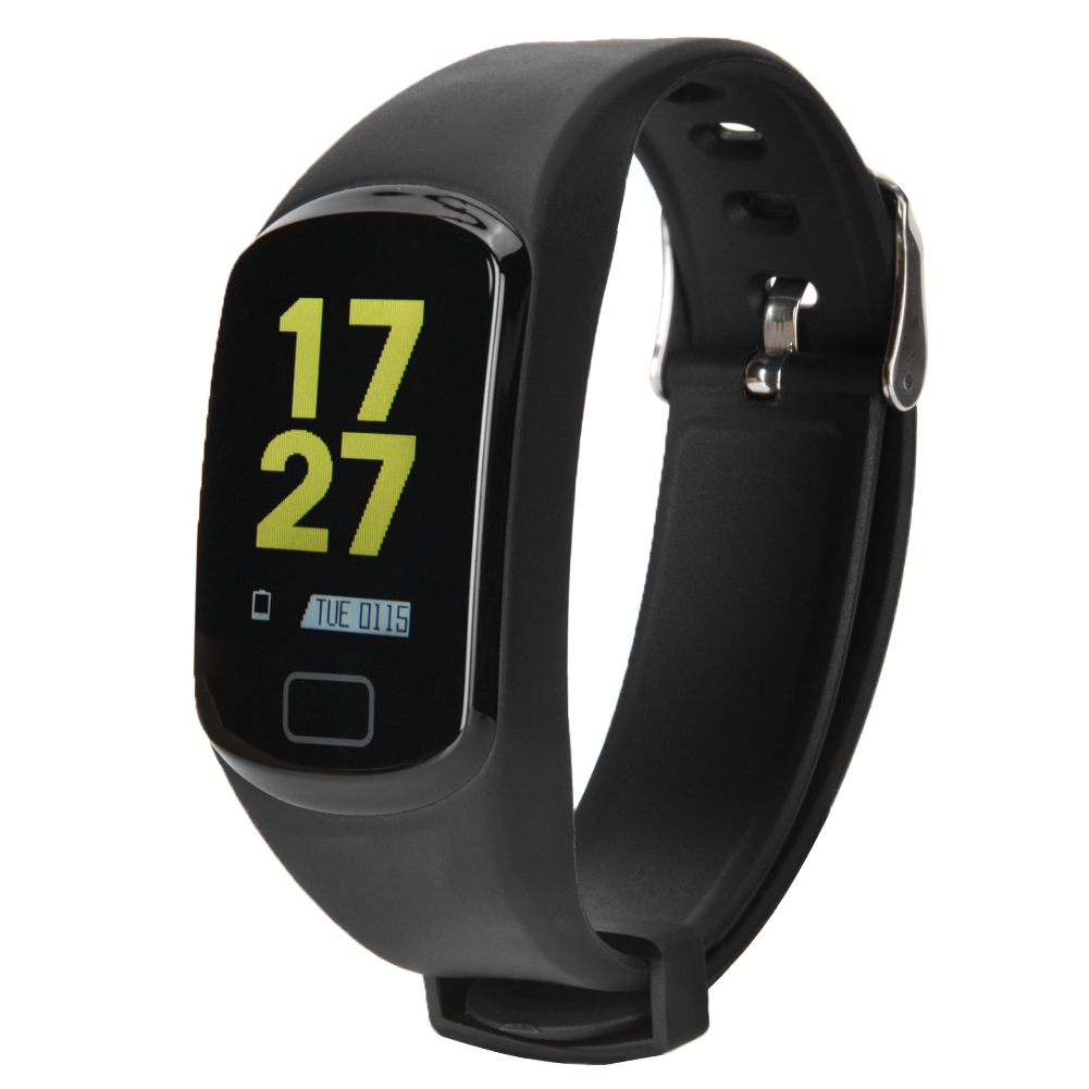 Schwarze Smartwatch mit der Uhrzeit 17:27 und Datum. Die Uhr hat ein schwarzes Armband.