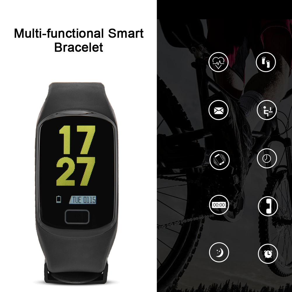 Ein schwarzes Smart-Armband mit Anzeige von Uhrzeit und Datum, mit Symbolen für Gesundheit und Aktivität an der Seite.