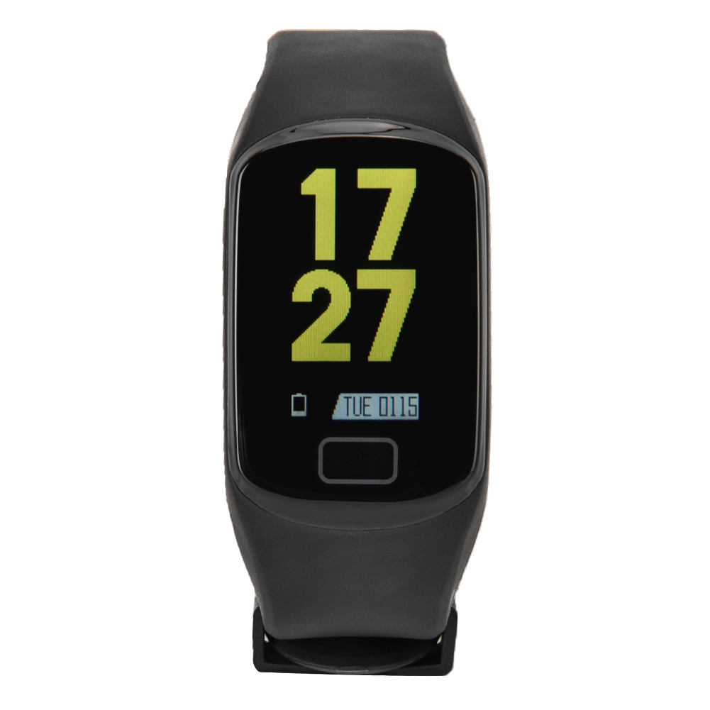 Schwarze Fitness-Tracker-Uhr, die Zeit, Datum und Akkustand anzeigt.