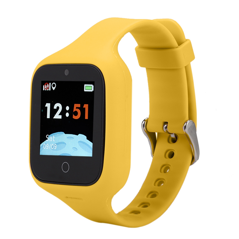 Eine gelbe Smartwatch zeigt Zeit und Datum an. Die Uhr hat ein gelbes Armband und einen schwarzen Bildschirm.