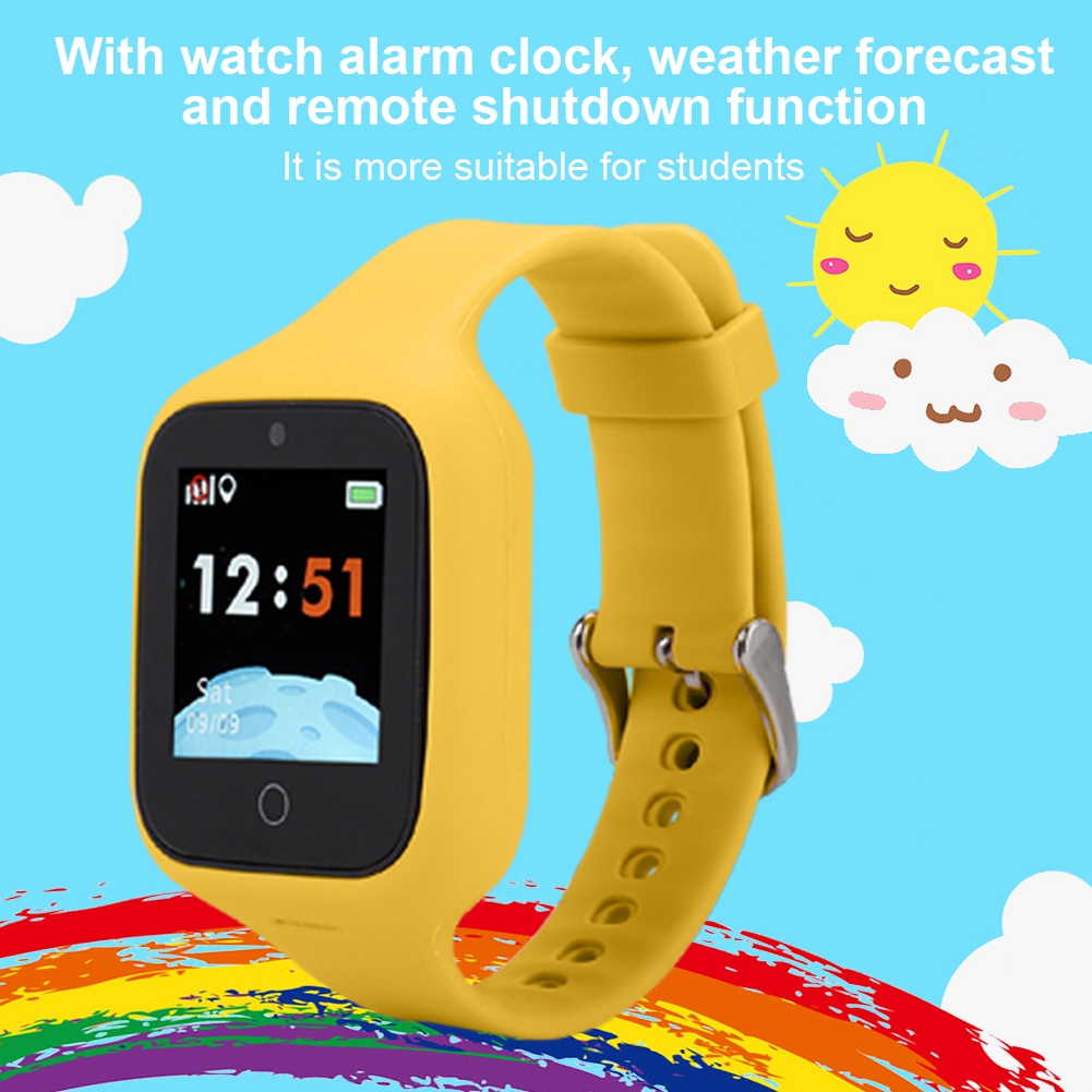 Eine gelbe Smartwatch mit schwarzem Bildschirm und gelbem Armband. Im Hintergrund gibt es einen Regenbogen und eine Sonne.