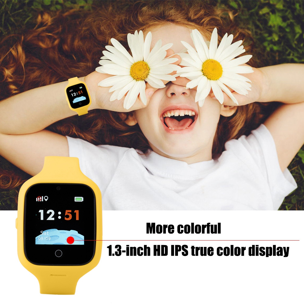 Kind mit Gänseblümchen auf den Augen, trägt gelbe Smartwatch. Text: 1,3-Zoll HD IPS Display.