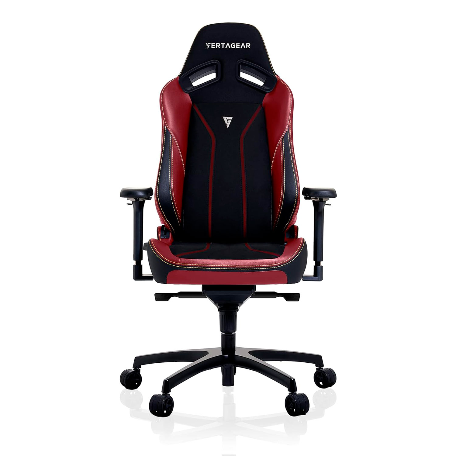 Silla gaming roja y negra con base negra y ruedas, sobre un fondo blanco.