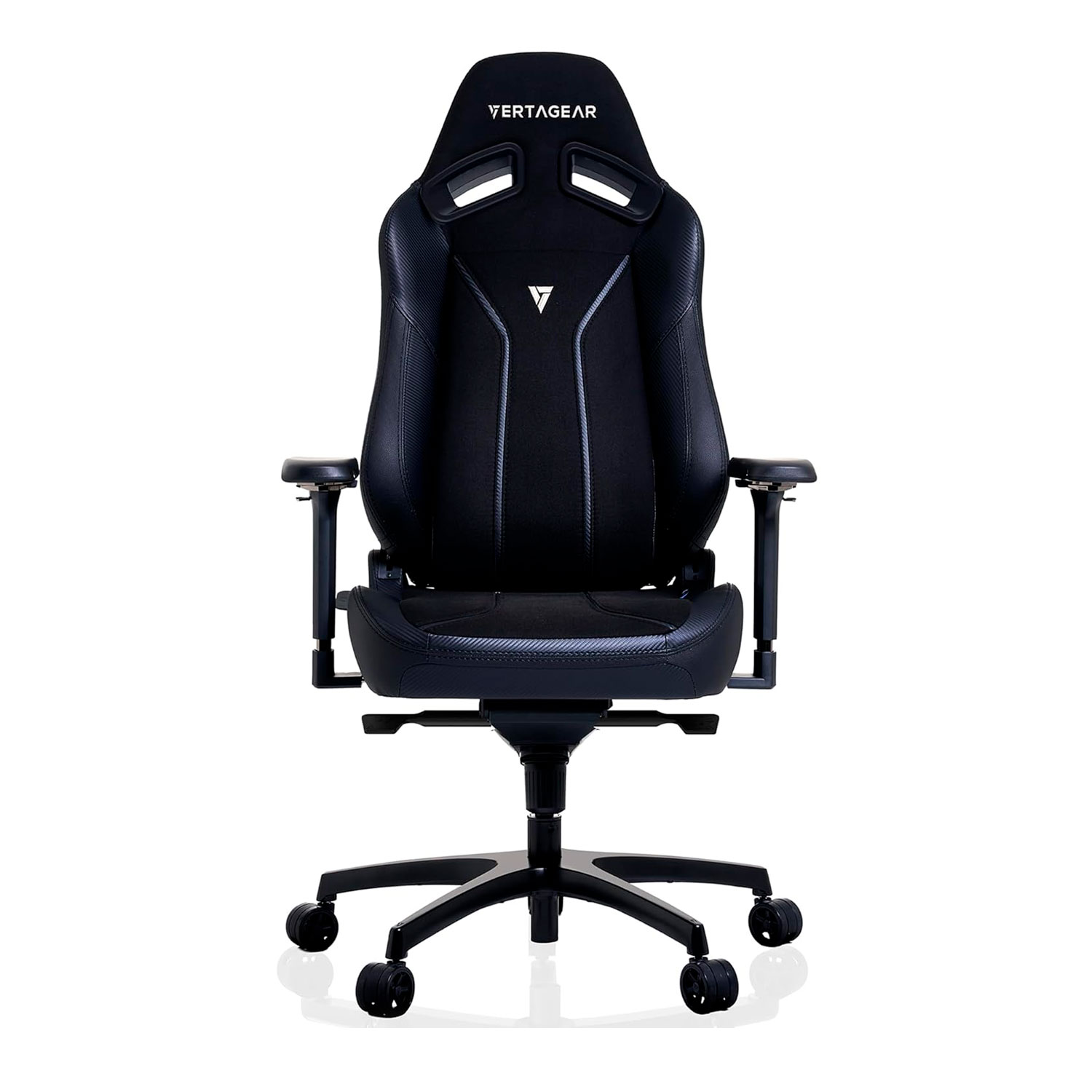 Silla gaming Vertagear negra. La silla está sobre un fondo blanco.
