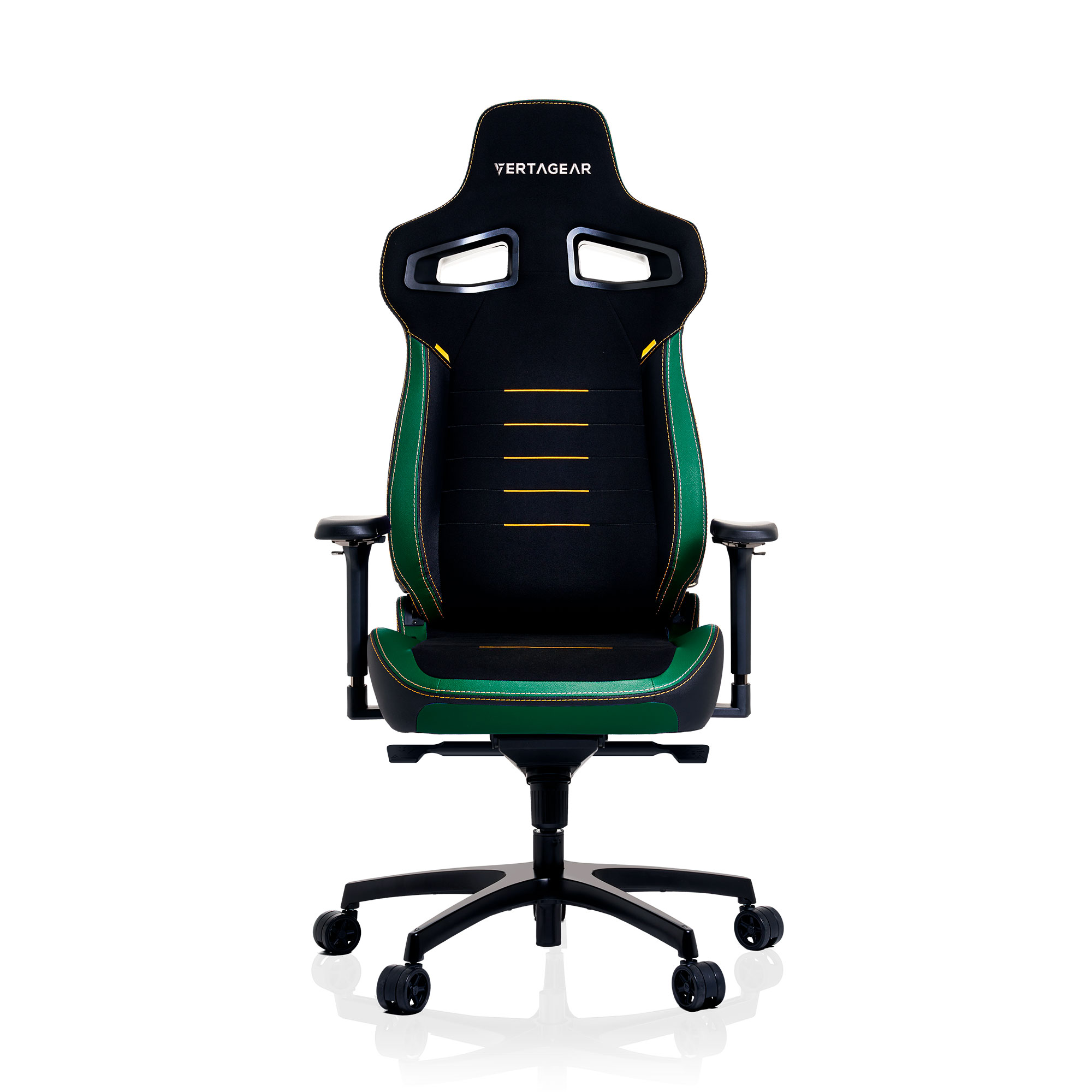 Silla gaming, negra y verde. Con reposacabezas, reposabrazos y base de cinco ruedas, con el logotipo de la marca.
