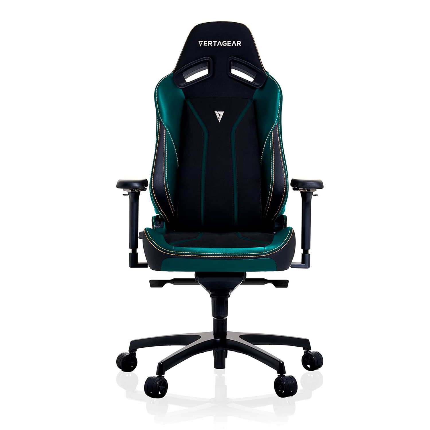 Una silla gaming, principalmente negra y verde azulado, con el logo Vertagear en el reposacabezas.