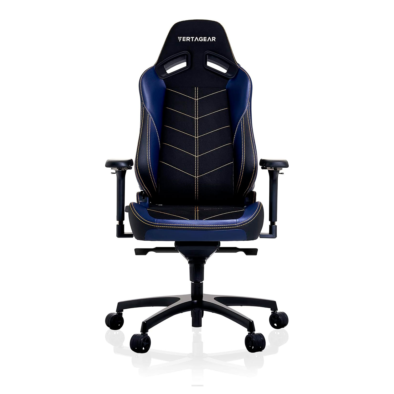 Una silla gaming Vertagear negra y azul con base y ruedas negras.