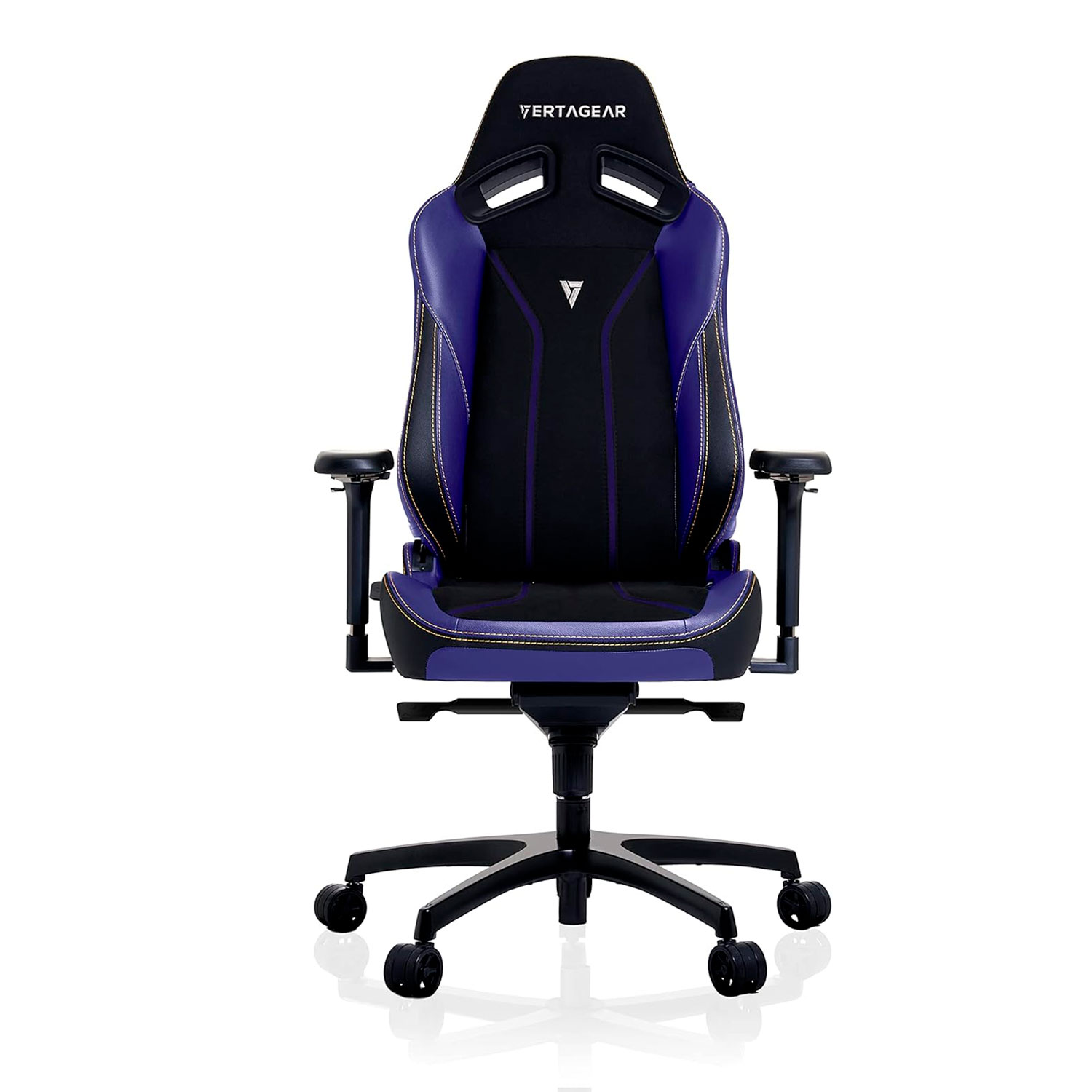 Silla gaming morada y negra. Fondo blanco.