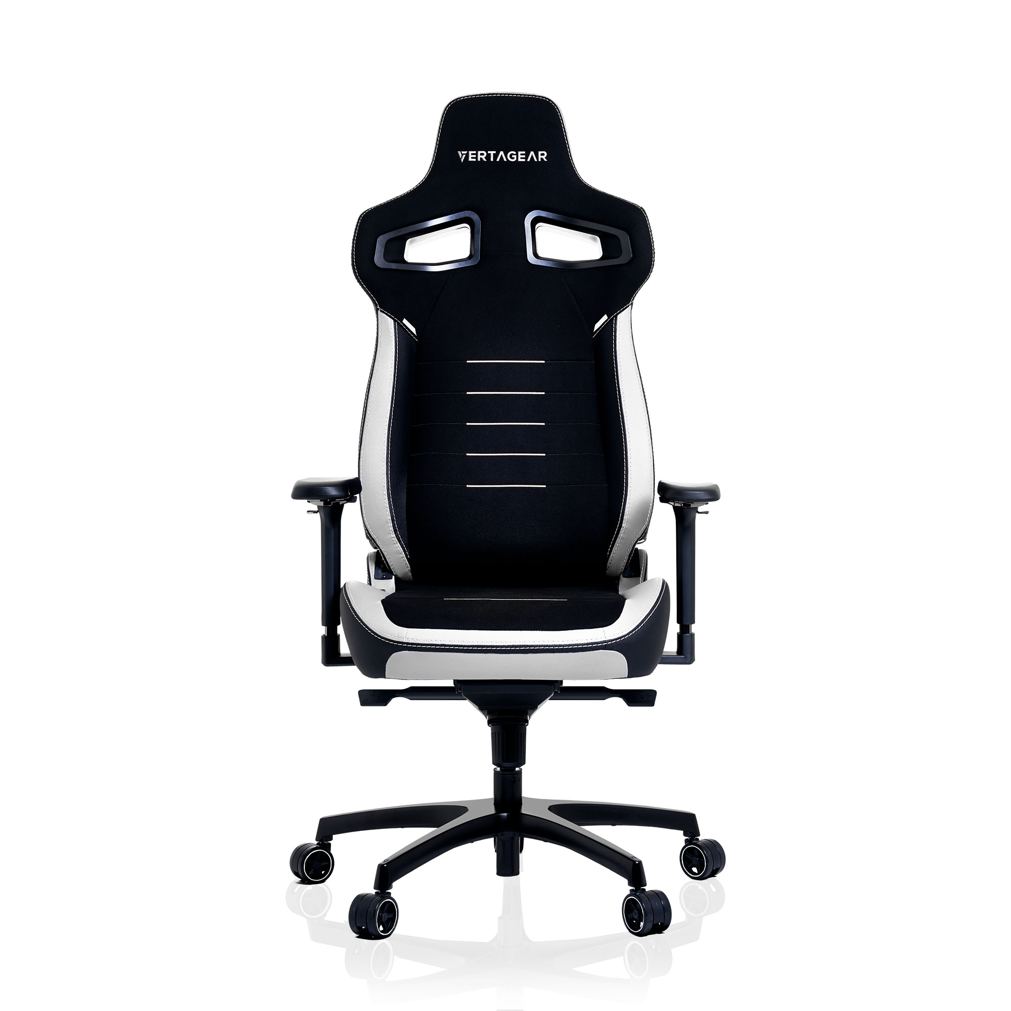 Una silla gaming Vertagear en blanco y negro. Tiene respaldo alto, reposabrazos y base negra.