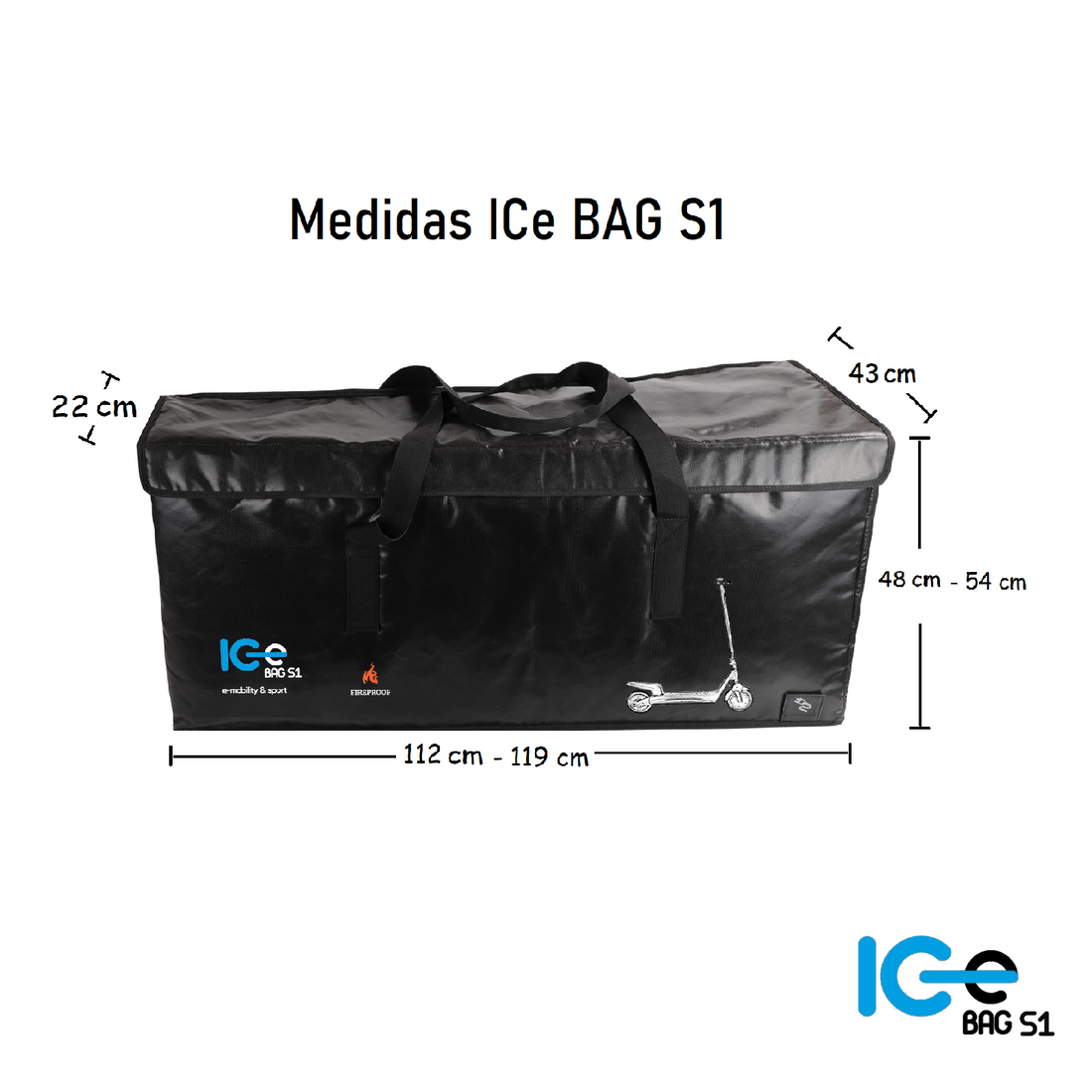 Bolsa negra con dimensiones etiquetadas, incluyendo un scooter. Fondo blanco.