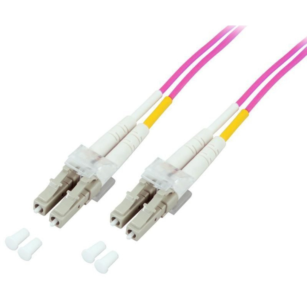 Due cavi in fibra ottica con connettori, dettagli bianchi e gialli e coperture protettive rosa.