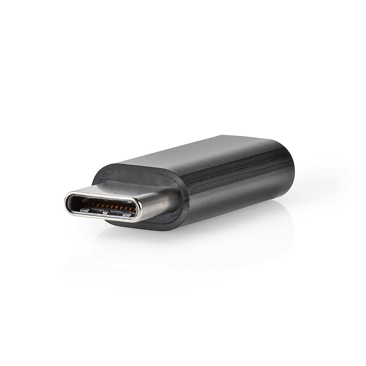 Connettore USB-C nero su sfondo bianco. Il connettore ha dei pin.