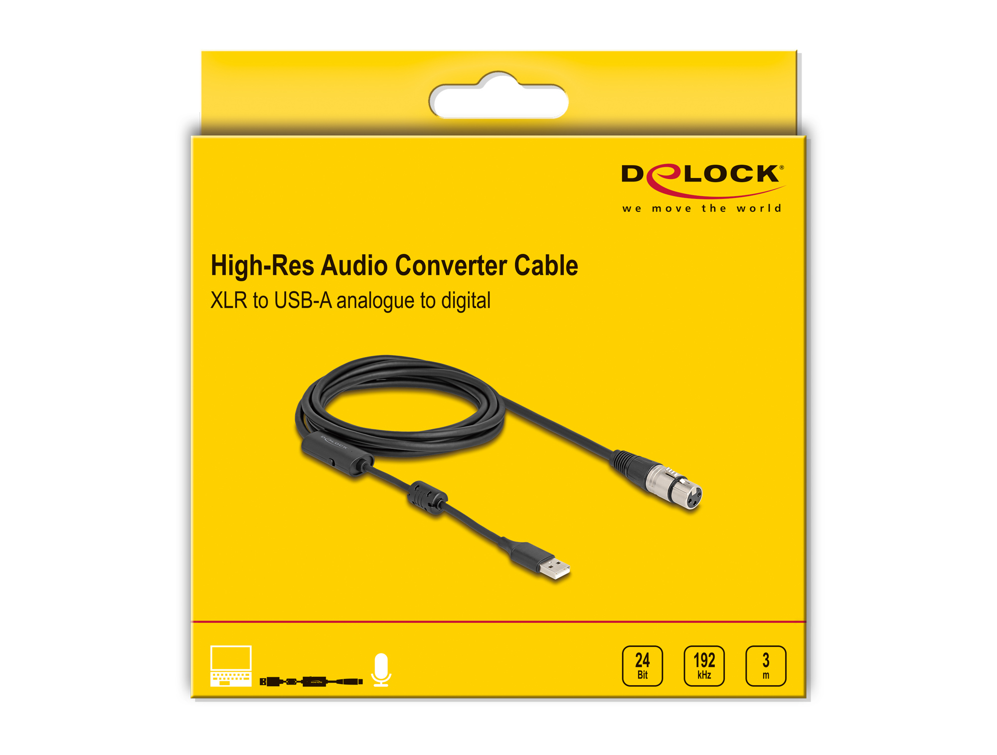 Un cable convertidor de audio negro en una caja amarilla y negra, con detalles del producto en la caja.