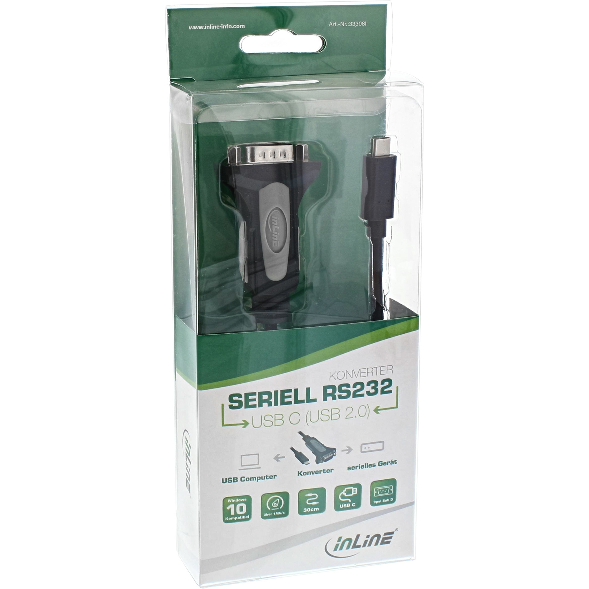 Convertitore da USB a seriale RS232 nero in confezione trasparente, con cavo nero.