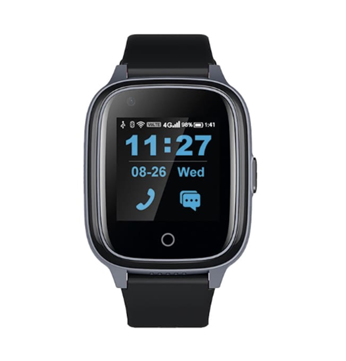 Smartwatch con correa negra, mostrando hora y fecha. Pantalla negra con detalles azules.