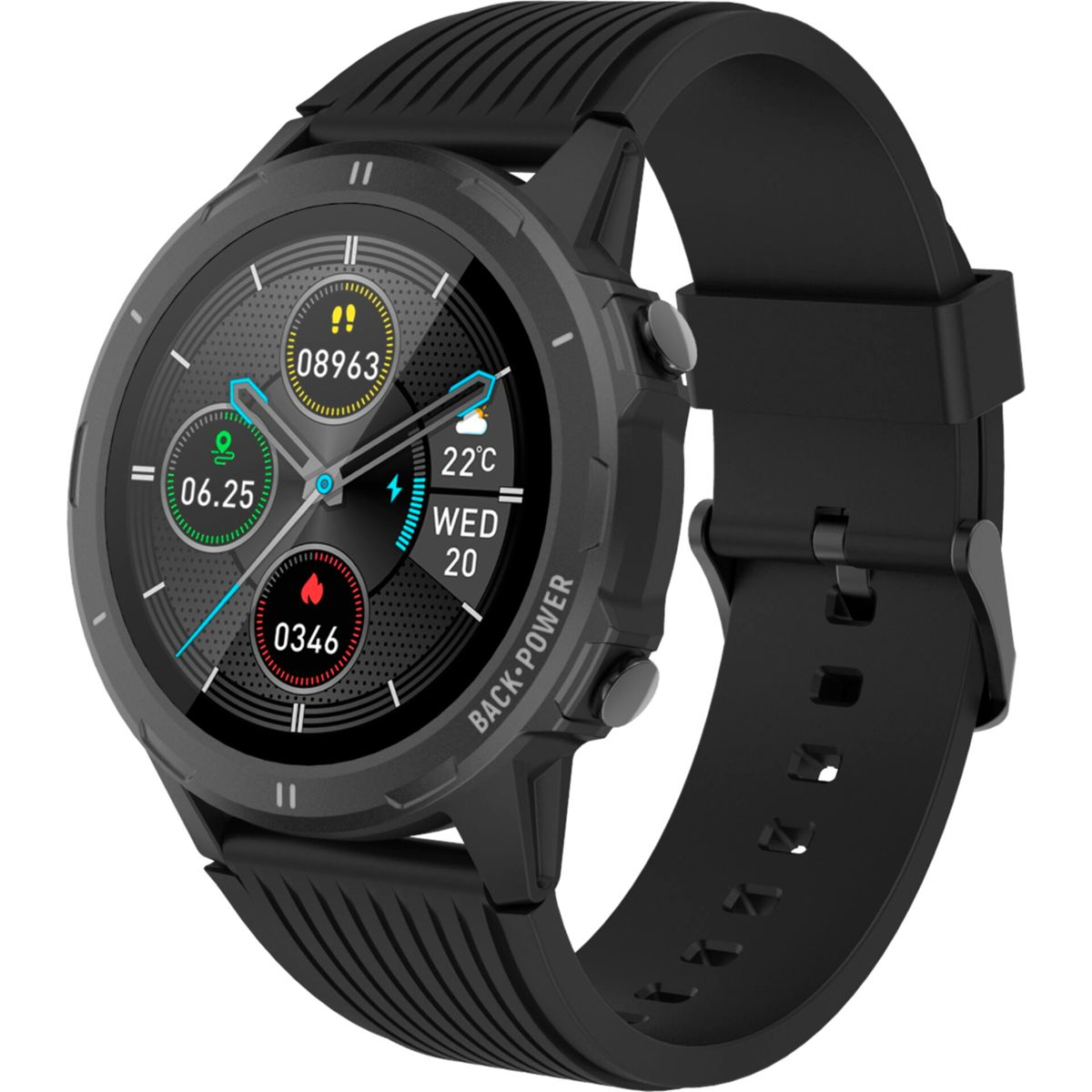 Smartwatch negra con pantalla digital que muestra estadísticas. Correa negra, etiqueta de energía trasera y forma redonda.