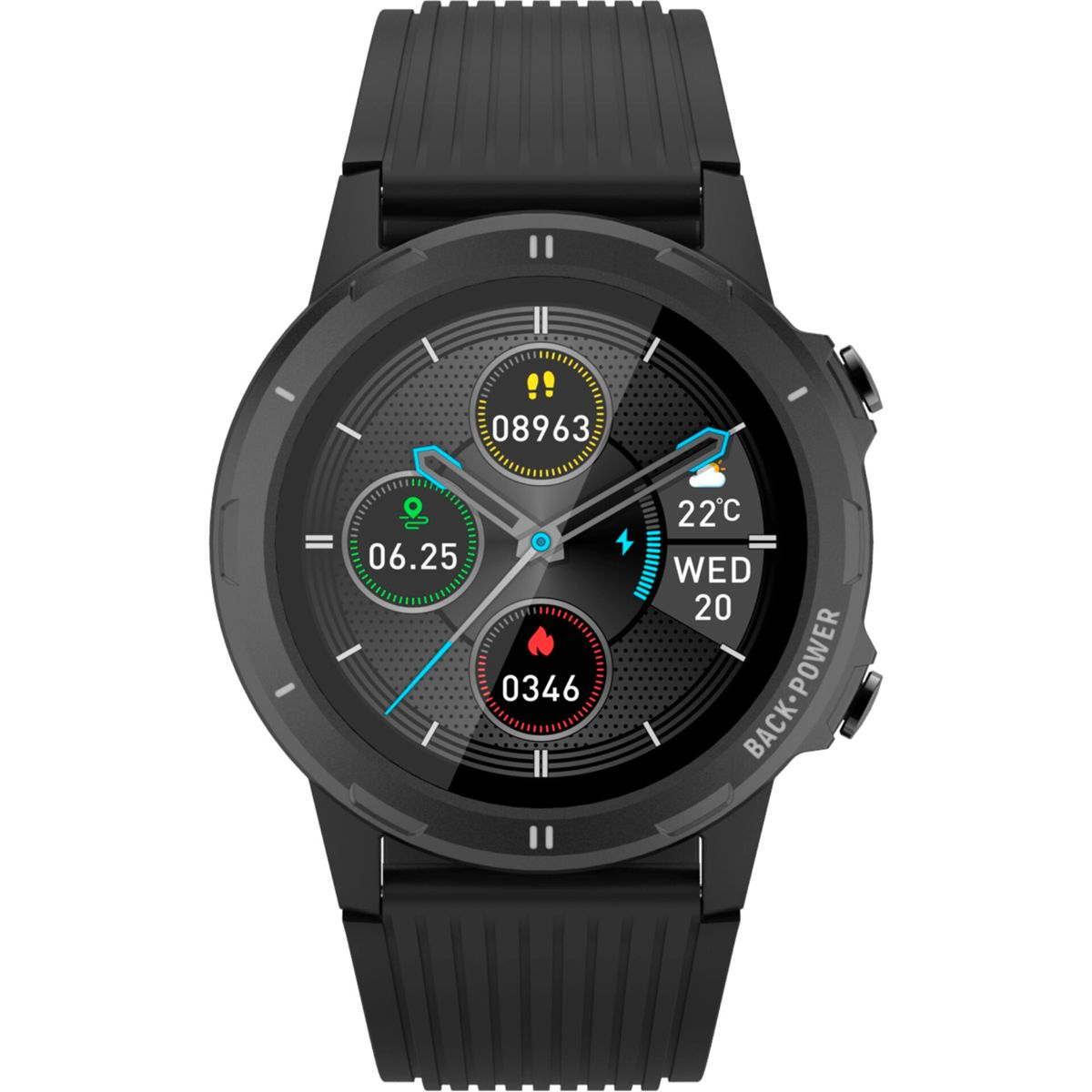 Smartwatch negra con esfera redonda, mostrando hora, pasos, frecuencia cardíaca y temperatura en correa negra.