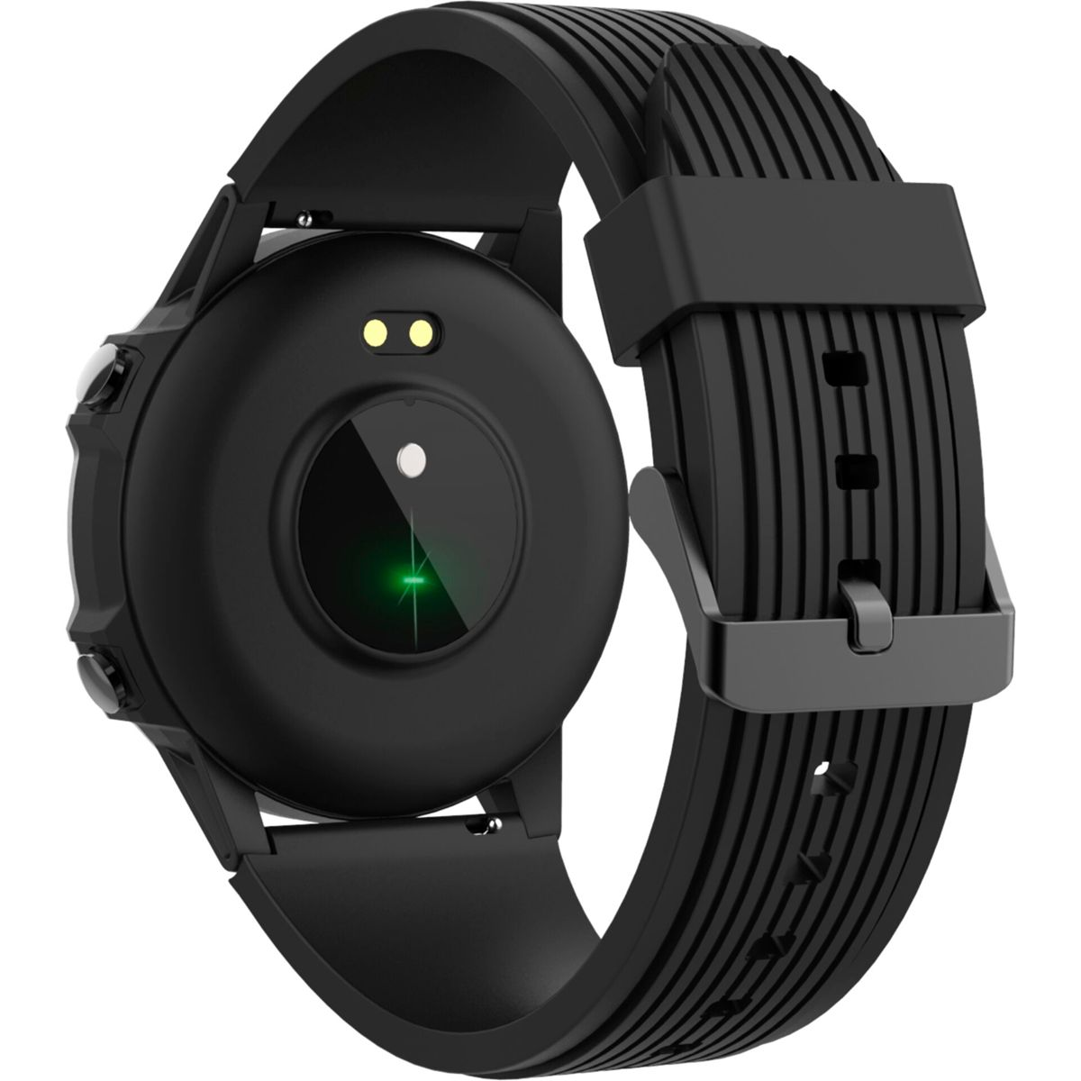 Reloj inteligente negro con correa negra, que muestra la parte trasera con sensores y una luz.