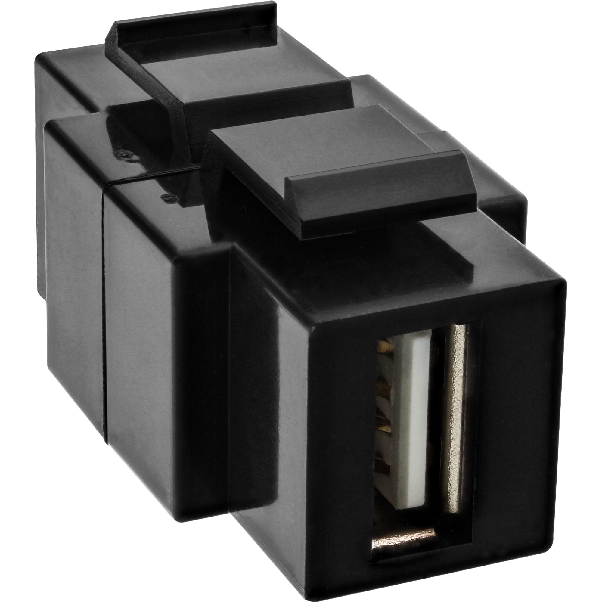 Schwarzer USB-Hub mit zwei USB-Anschlüssen. Der Hub ist abgewinkelt und hat ein weißes Innere. Weißer Hintergrund.