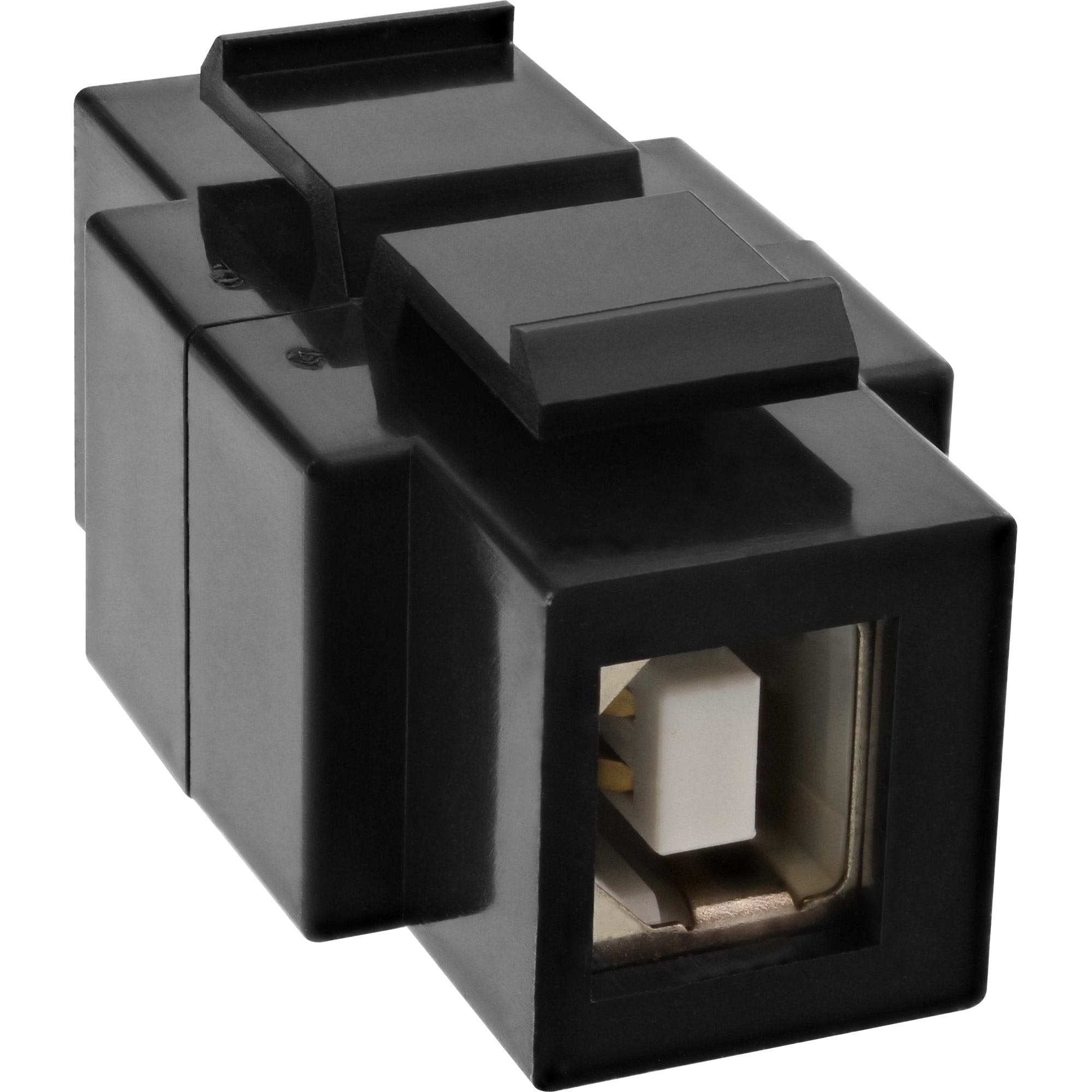 Schwarzer USB-Adapter. Er hat einen USB-Buchsenanschluss und einen USB-Steckeranschluss. Der Körper ist quadratisch und solide.