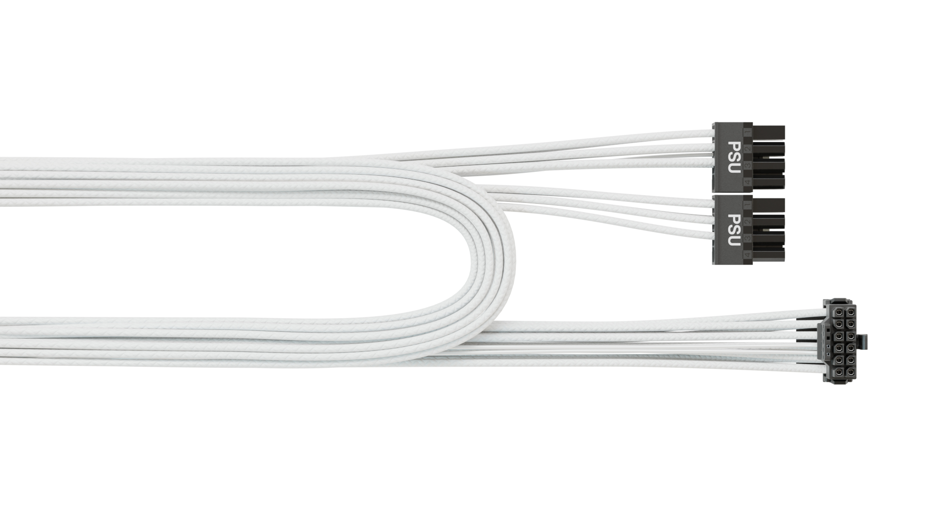 Weiße Netzkabel mit schwarzen Steckern. Mehrere Kabel sind U-förmig angeordnet.