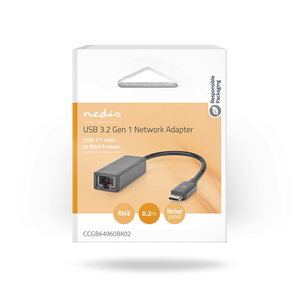 Eine weiße Box mit einem Netzwerkadapter. Der Adapter ist schwarz, mit einem USB-C-Stecker auf RJ45-Buchse.
