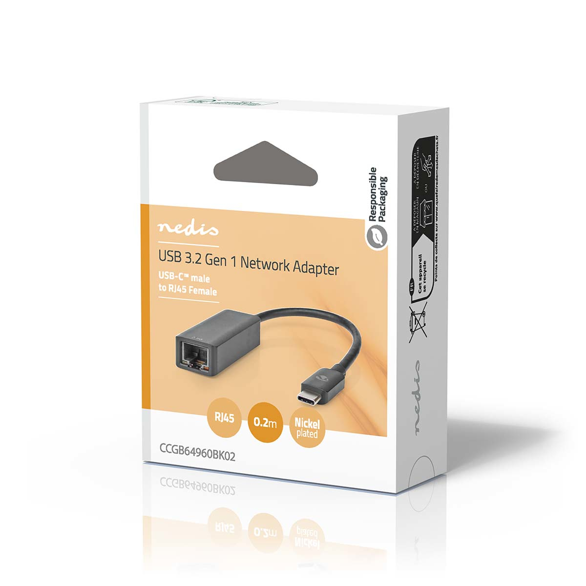 Weiße und graue USB 3.2 Gen 1 Netzwerkadapterbox. Zeigt RJ45-zu-USB-C-Adapter und Merkmale.