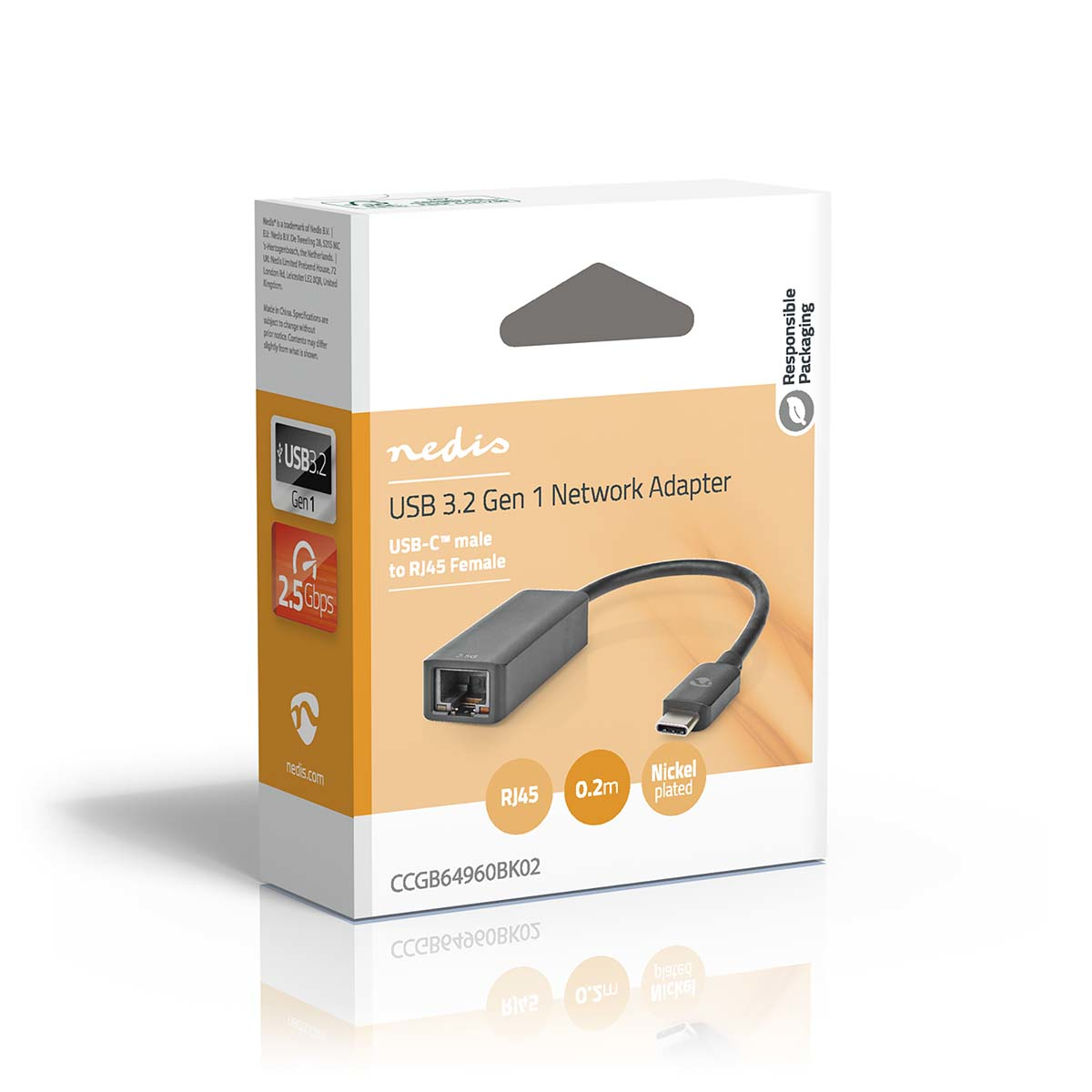 Eine weiße Box mit einem schwarzen Netzwerkadapterkabel, beschriftet 'USB 3.2 Gen 1'.