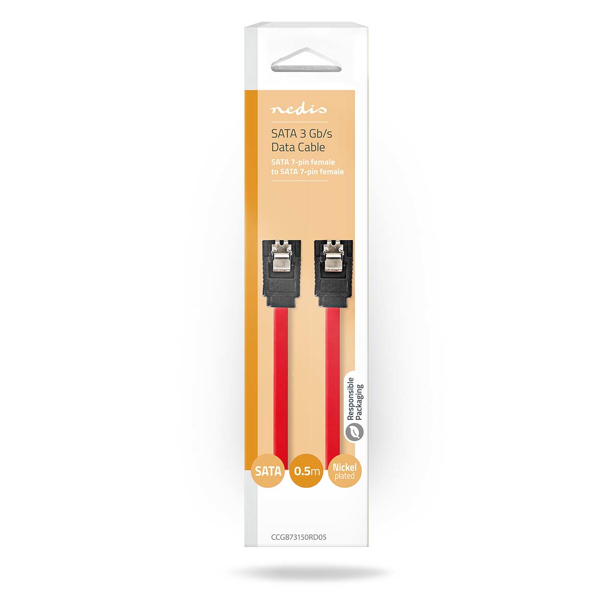 Cavo SATA rosso in confezione bianca. Testo: Cavo dati SATA 3 GB/s.