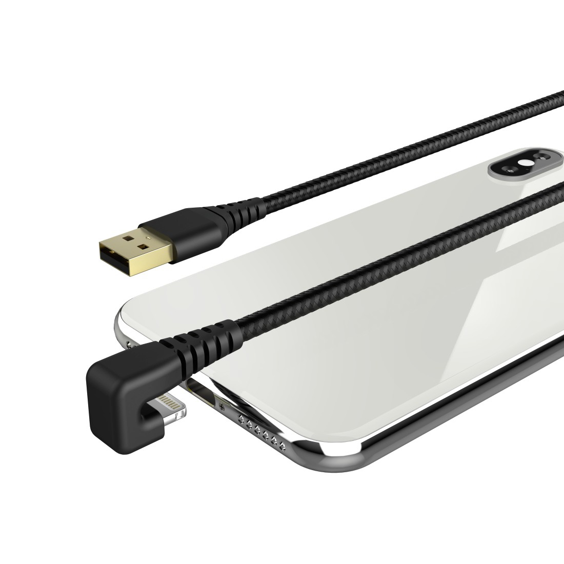 Czarny kabel USB-C do Lightning podłączony do telefonu. Białe tło telefonu.