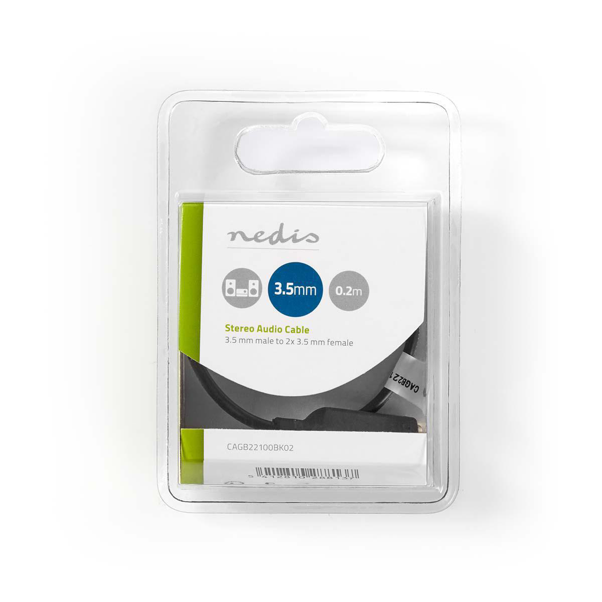 A black cable in a plastic package. The package is labeled as a stereo audio cable.