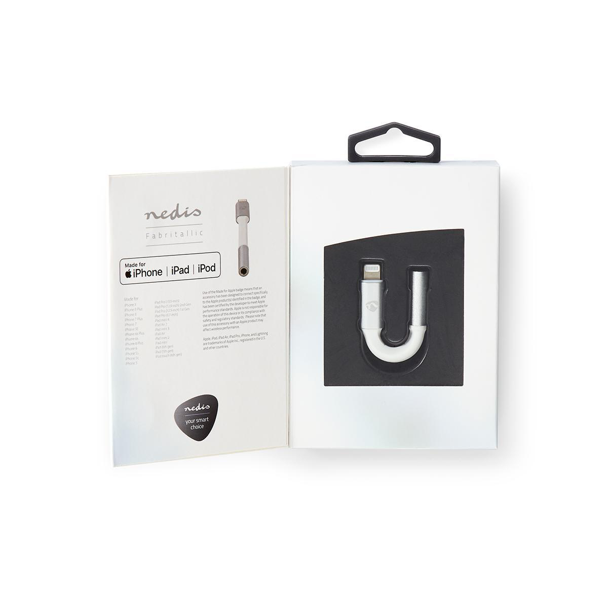 Weißer und grauer iPhone-Adapter in Verpackung, U-förmiges Design.
