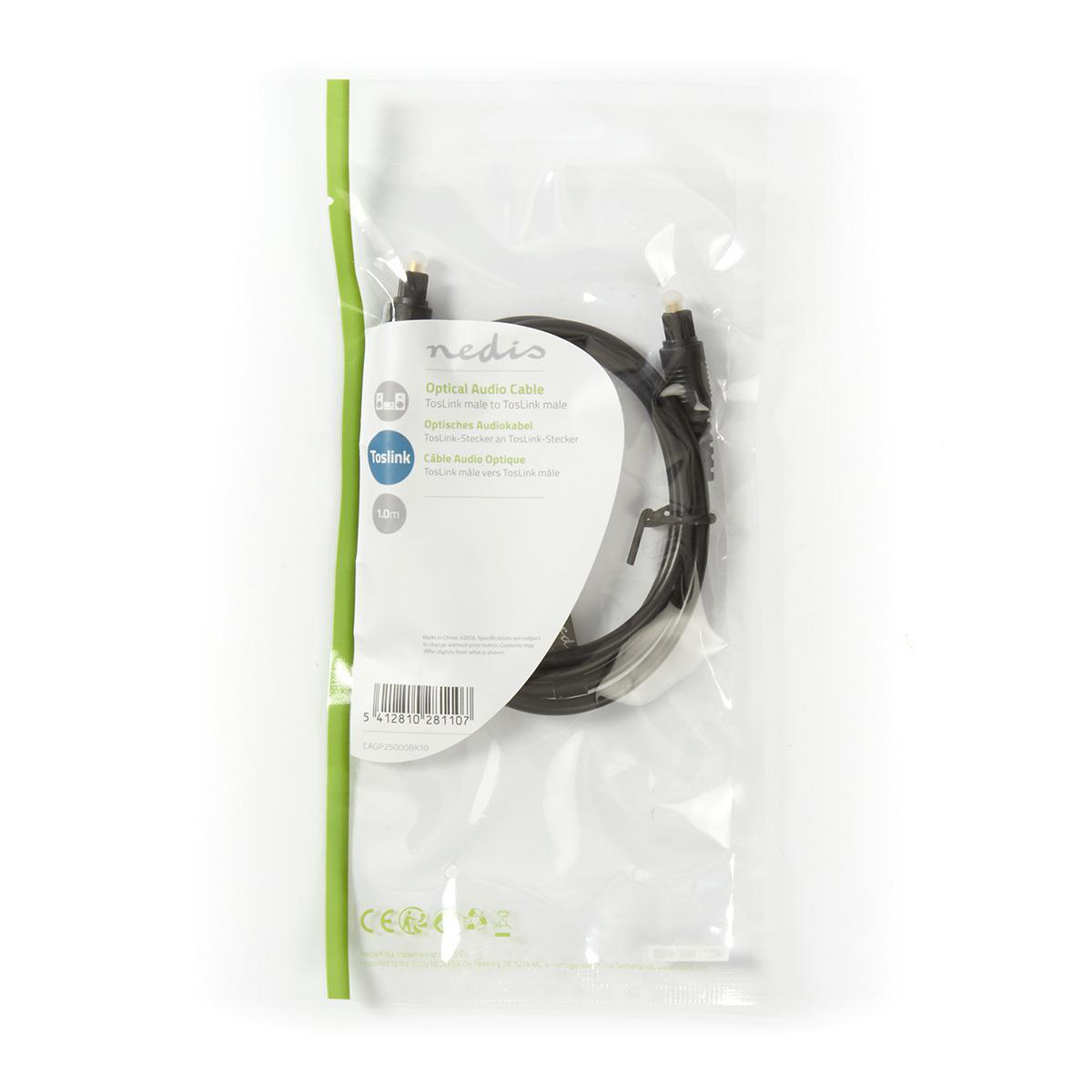 Transparente Kunststoffverpackung mit einem schwarzen optischen Audiokabel.