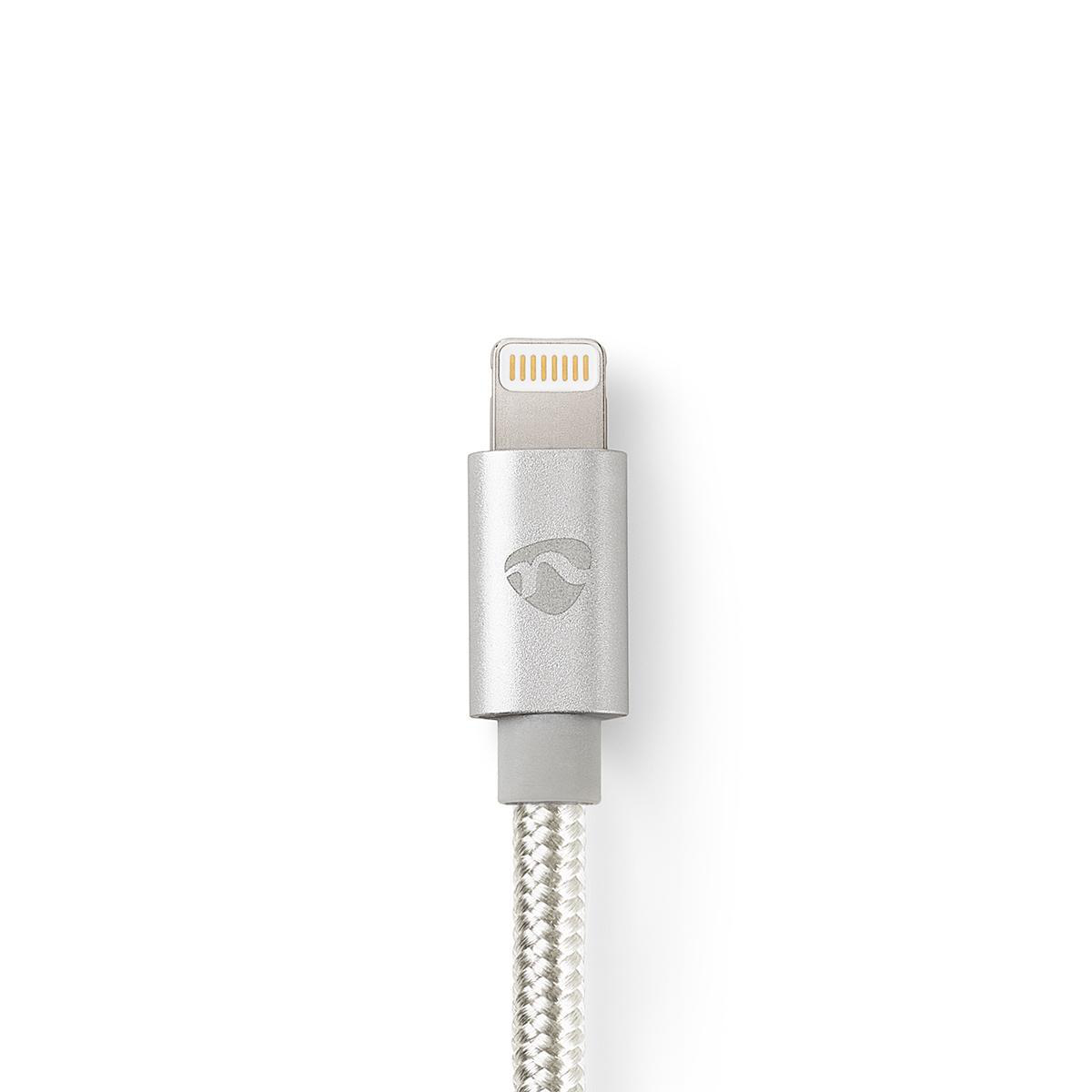 Connettore per cavo Lightning argentato. Sfondo bianco.