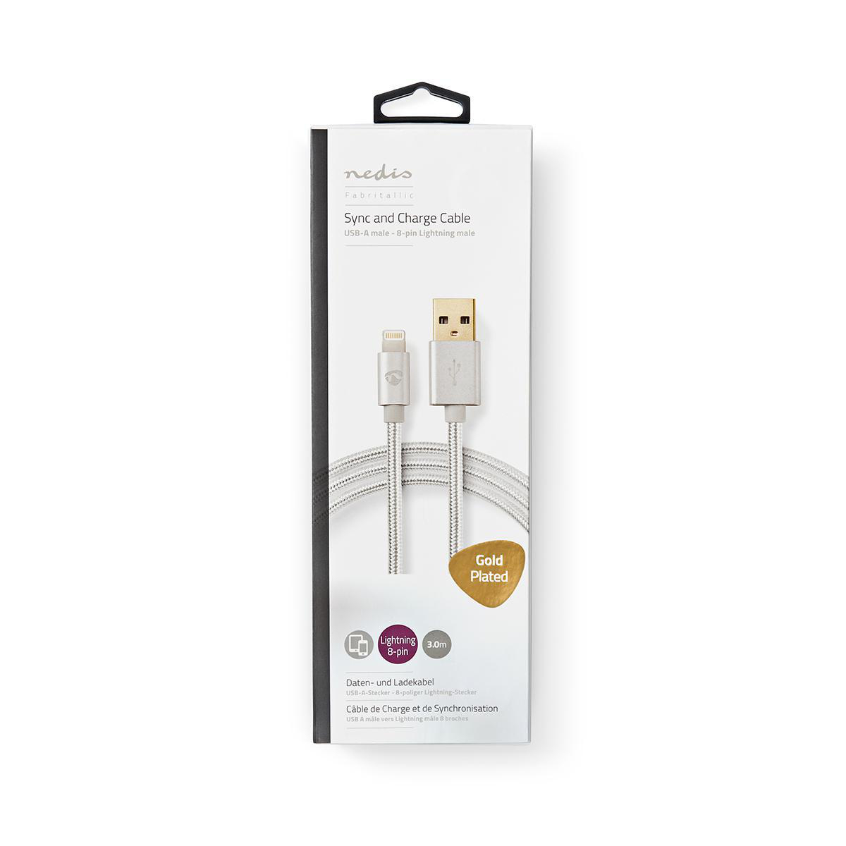 Cavo di ricarica USB bianco e argento in una scatola, con marchio.