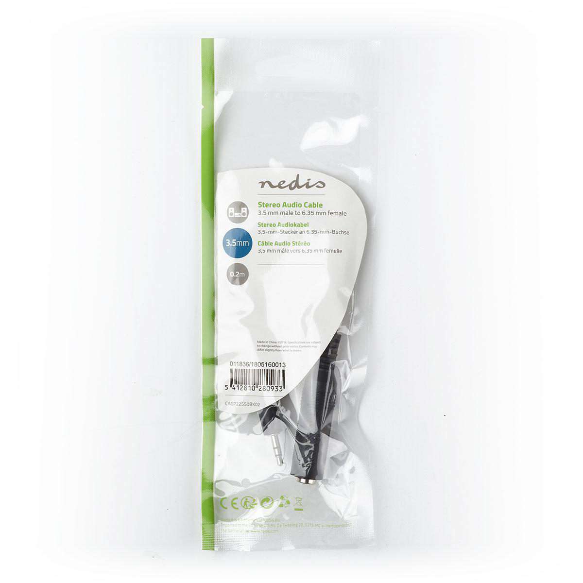 Audiokabel in klarer Verpackung, mit schwarzen Steckern und Markeninfo auf weißem Hintergrund.