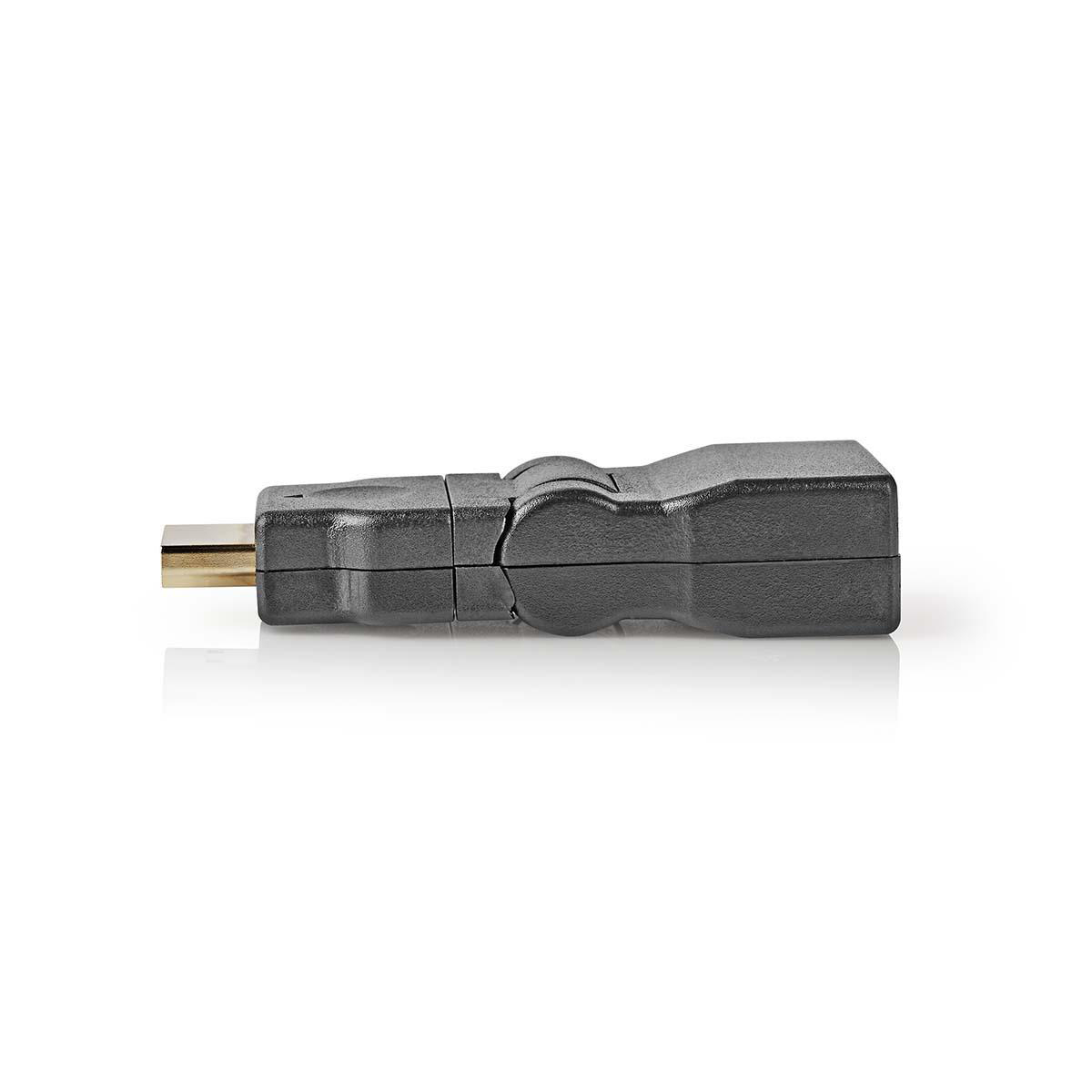 Adattatore HDMI nero su sfondo bianco, con connettore color oro.