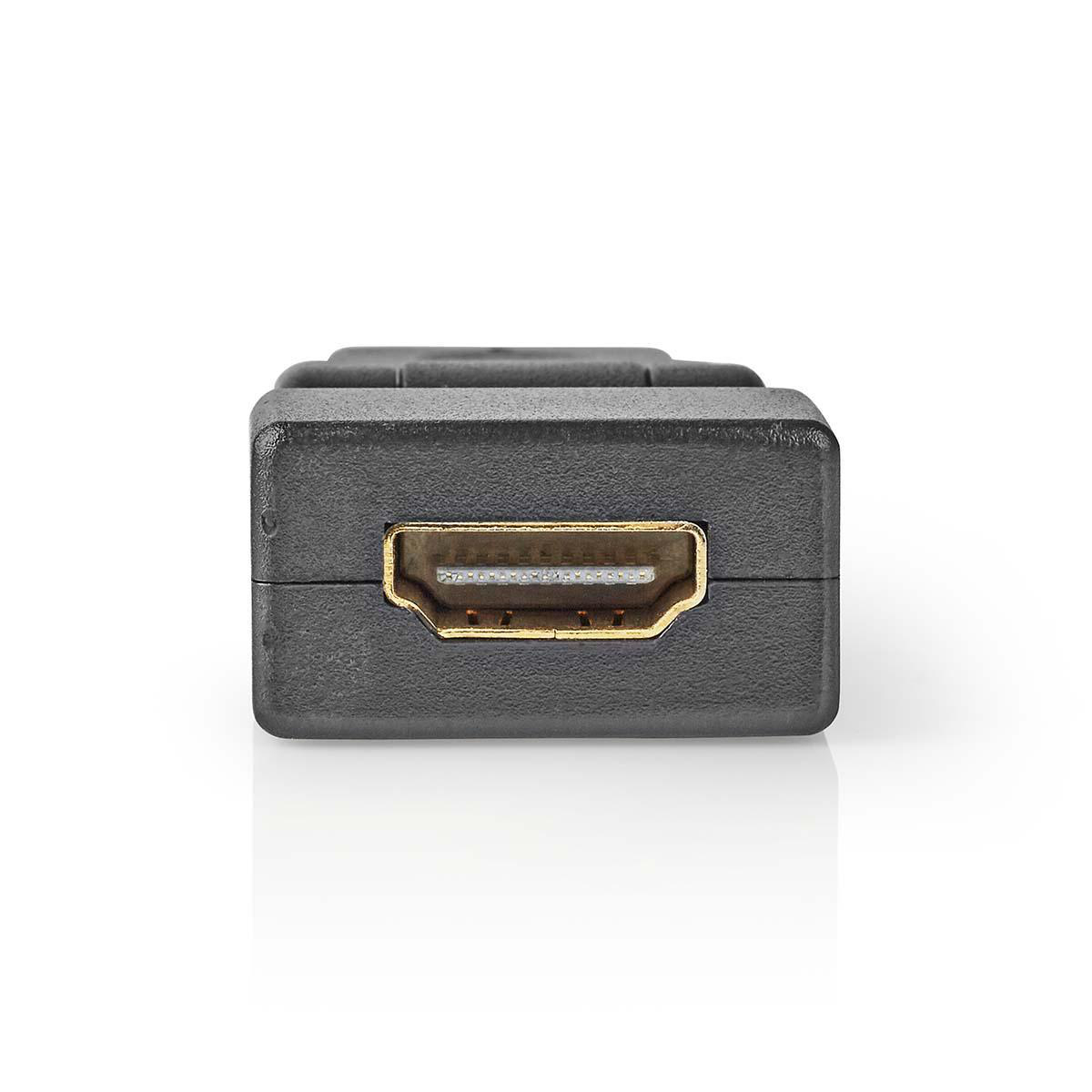 Una vista ravvicinata di un adattatore HDMI nero con porta dorata, isolato su sfondo bianco.