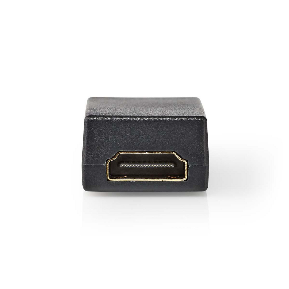 Schwarzer HDMI-Adapter. Der Stecker hat eine goldfarbene Innenseite. Weißer Hintergrund.