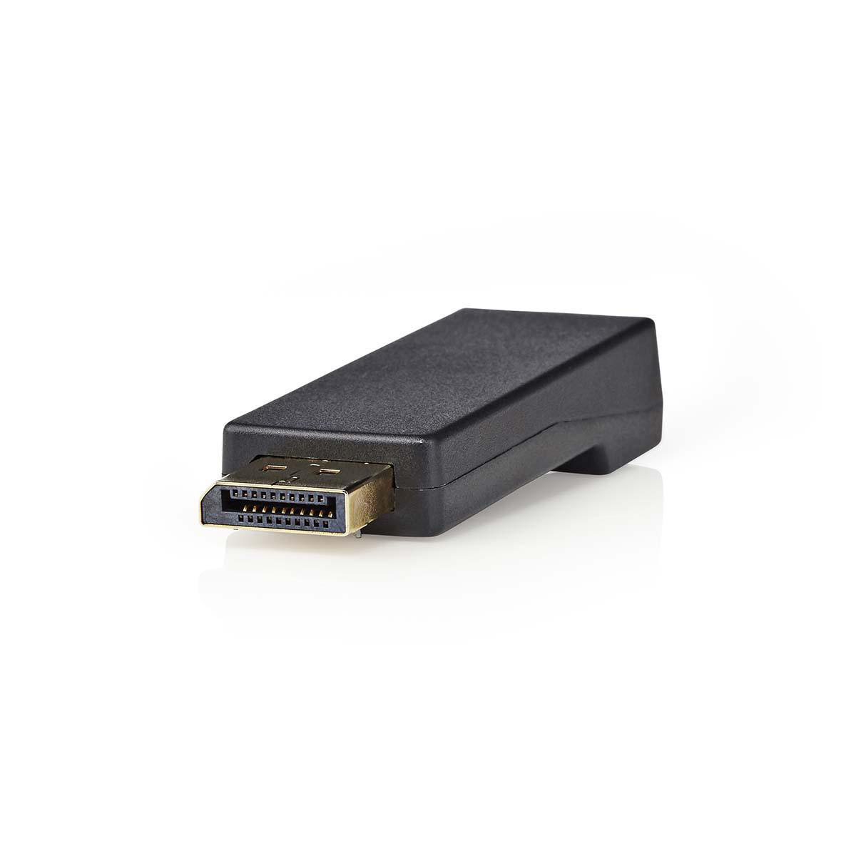 Schwarzer DisplayPort-Adapter auf weißem Hintergrund. Der Anschluss hat Pins.