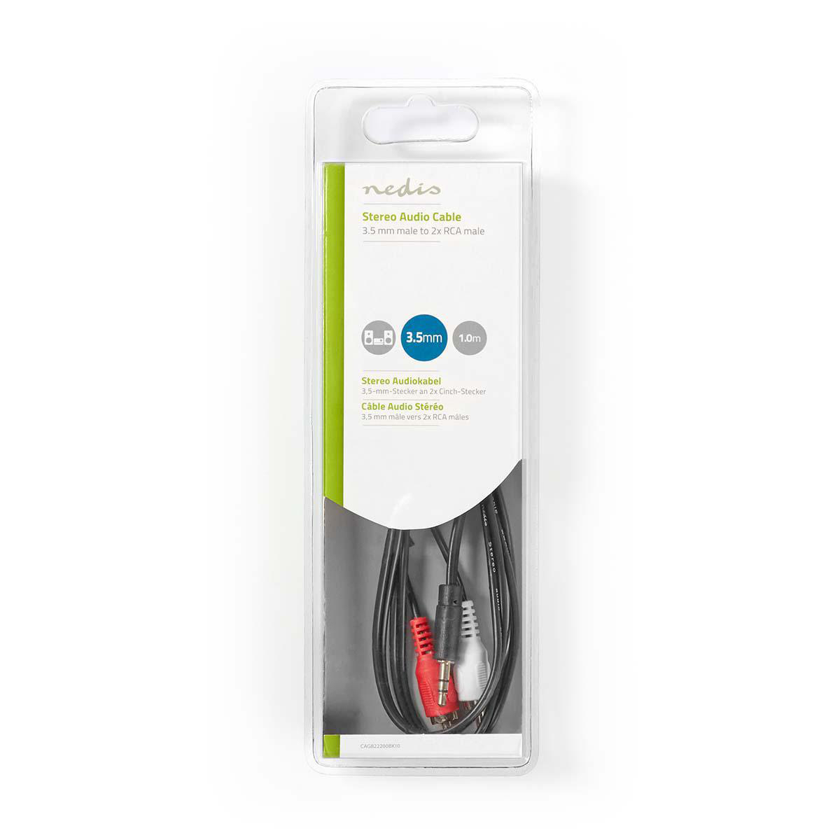 Emballage plastique transparent avec câble audio stéréo noir, sur fond blanc.