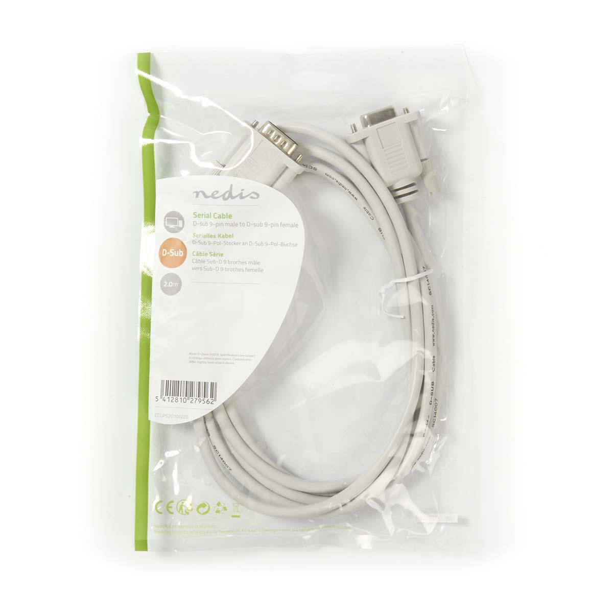 Paquete plástico transparente con un cable serial blanco dentro. Texto y logo en el paquete.
