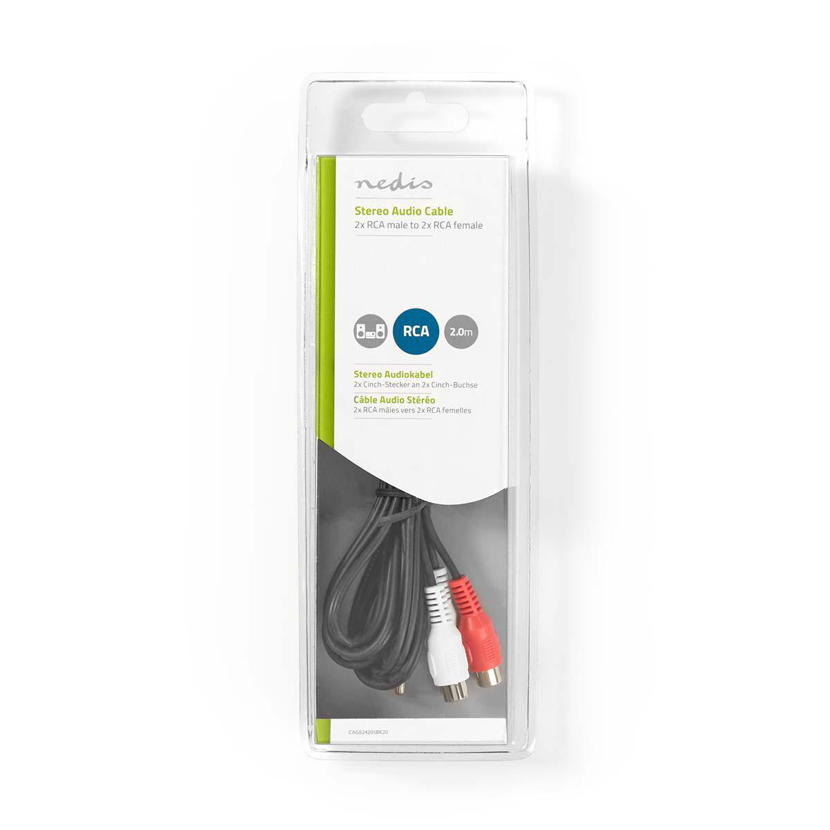 A clear plastic package containing a stereo audio cable with red, white, and black connectors.