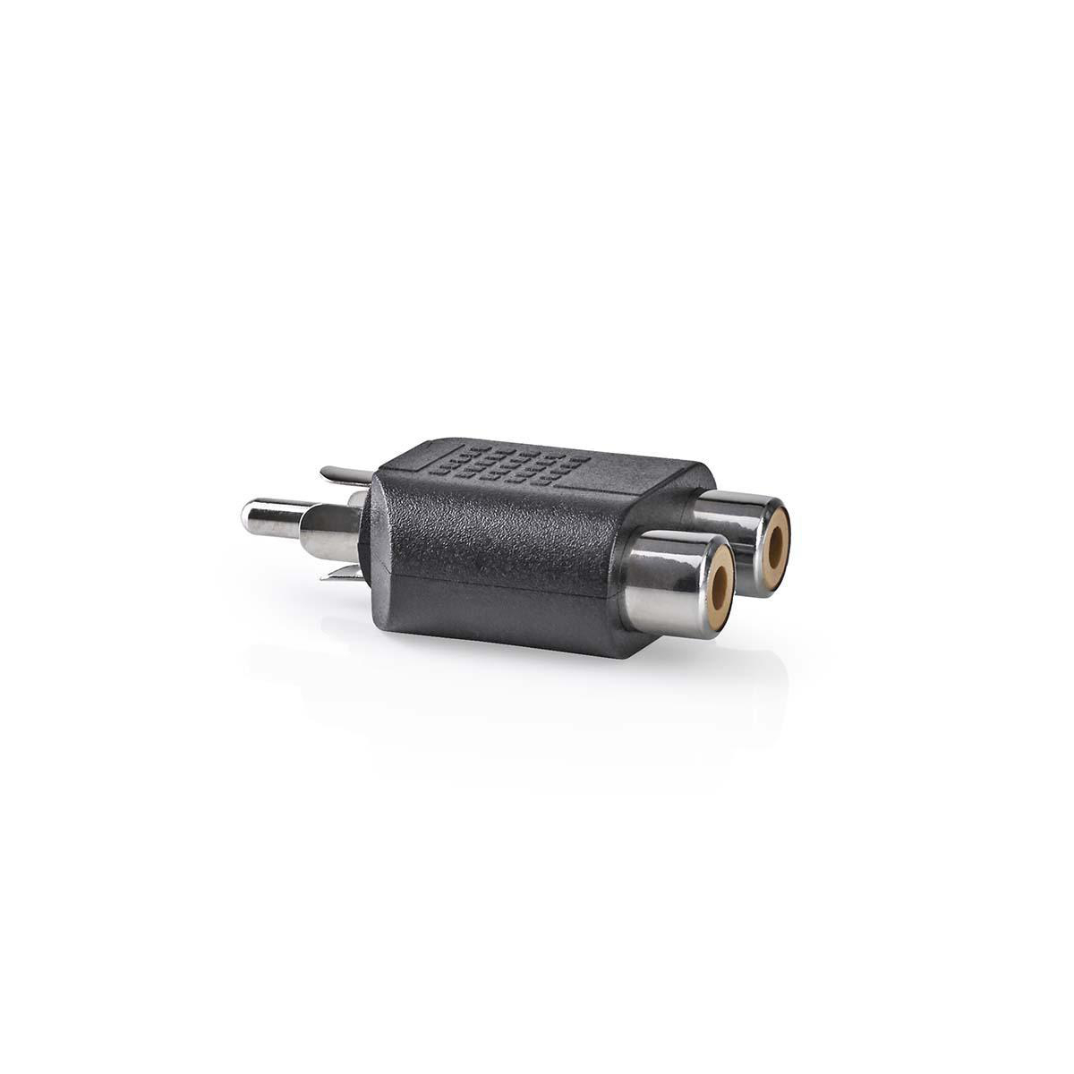 Un adattatore audio con due connettori RCA femmina e un connettore RCA maschio.