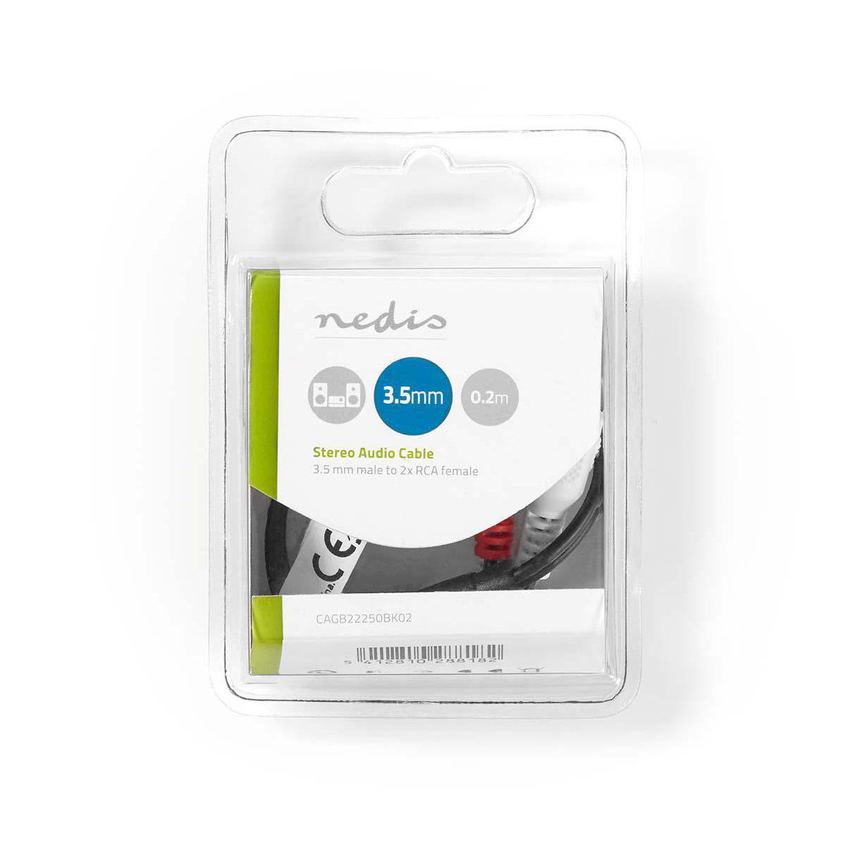 Clear plastic package containing a stereo audio cable, with 3.5mm and RCA connectors.