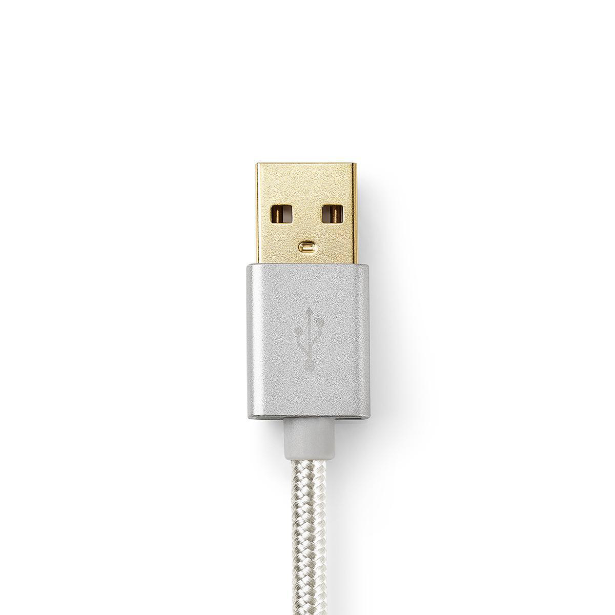 Connettore USB argentato, pin color oro, con cavo intrecciato.